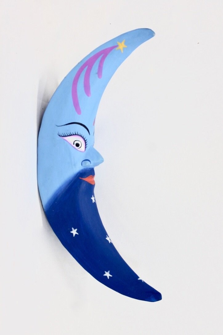 Blue Moon Man in the Moon hanging Mobile Hand Carved Wood Carving Balinese Folk art