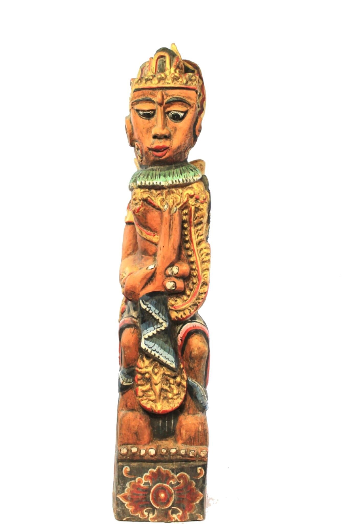 Vintage Balinese Carving  Temple Guardian Statue: Hand-Carved Polychrome Cempaka Wood Sculpture