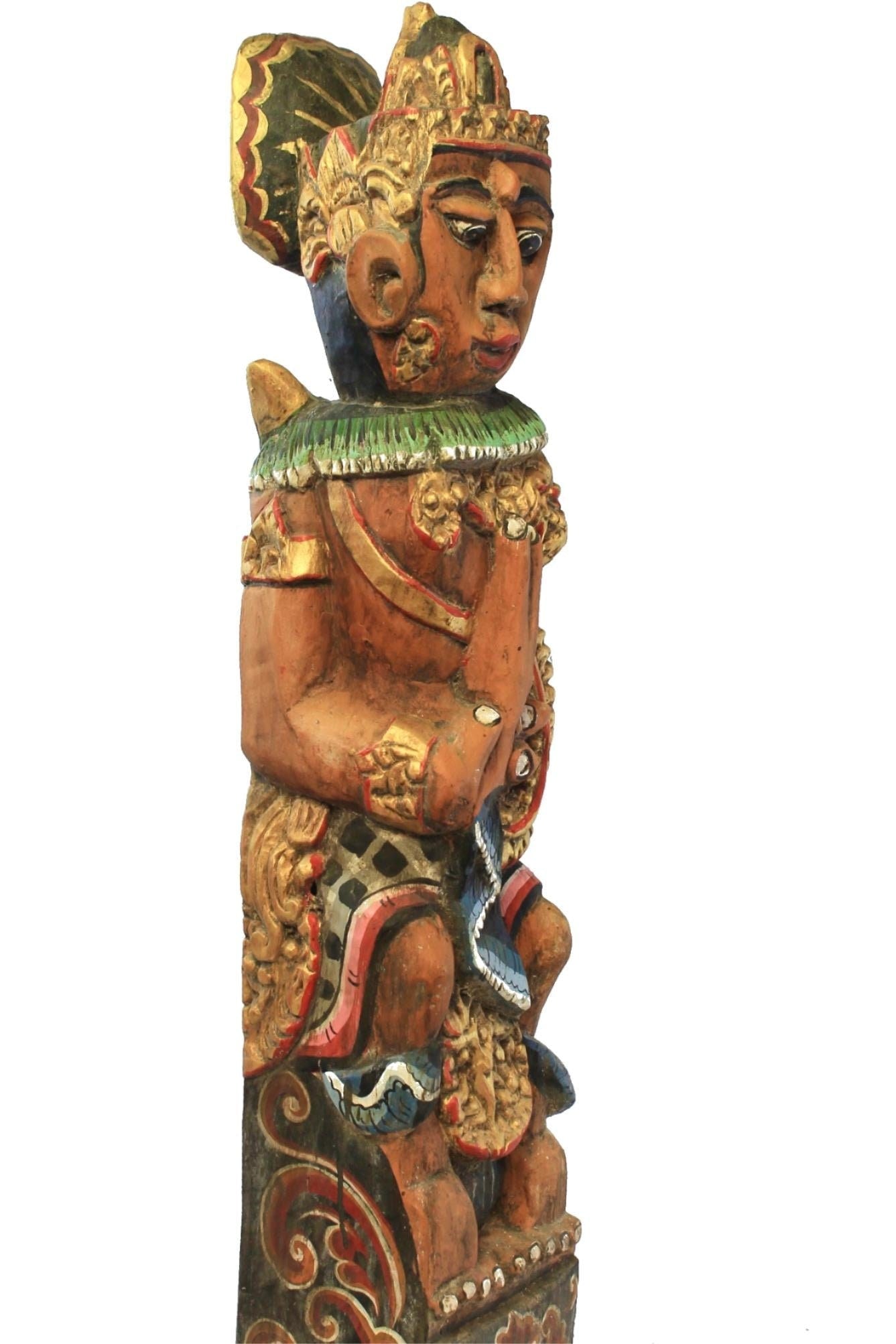 Vintage Balinese Carving  Temple Guardian Statue: Hand-Carved Polychrome Cempaka Wood Sculpture