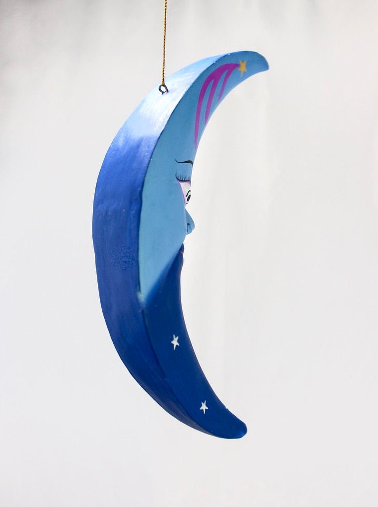 Blue Moon Man in the Moon hanging Mobile Hand Carved Wood Carving Balinese Folk art