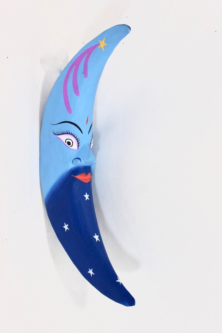 Blue Moon Man in the Moon hanging Mobile Hand Carved Wood Carving Balinese Folk art