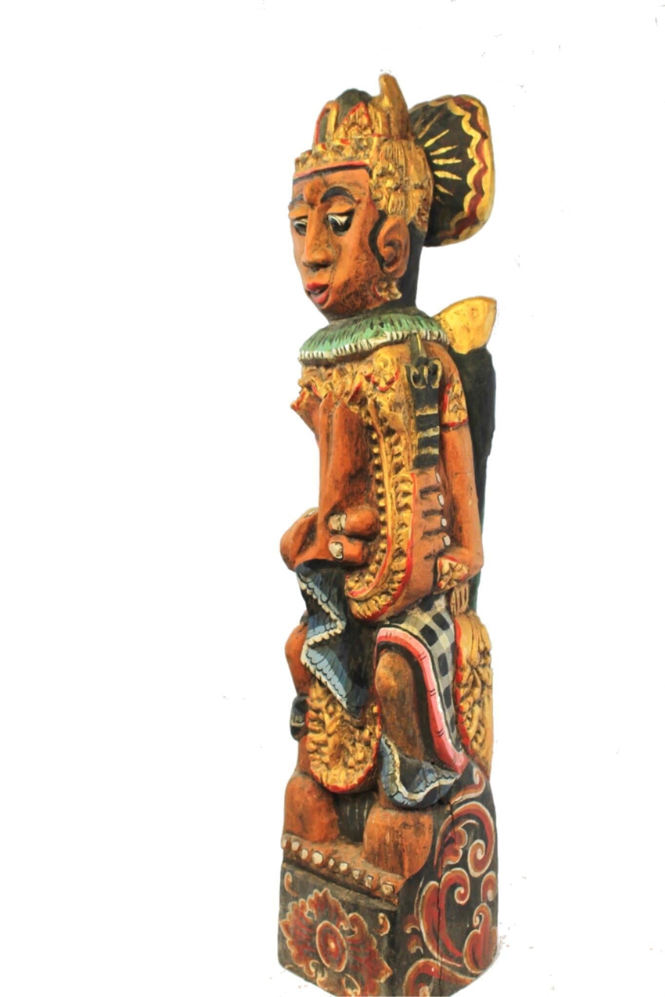 Vintage Balinese Carving  Temple Guardian Statue: Hand-Carved Polychrome Cempaka Wood Sculpture