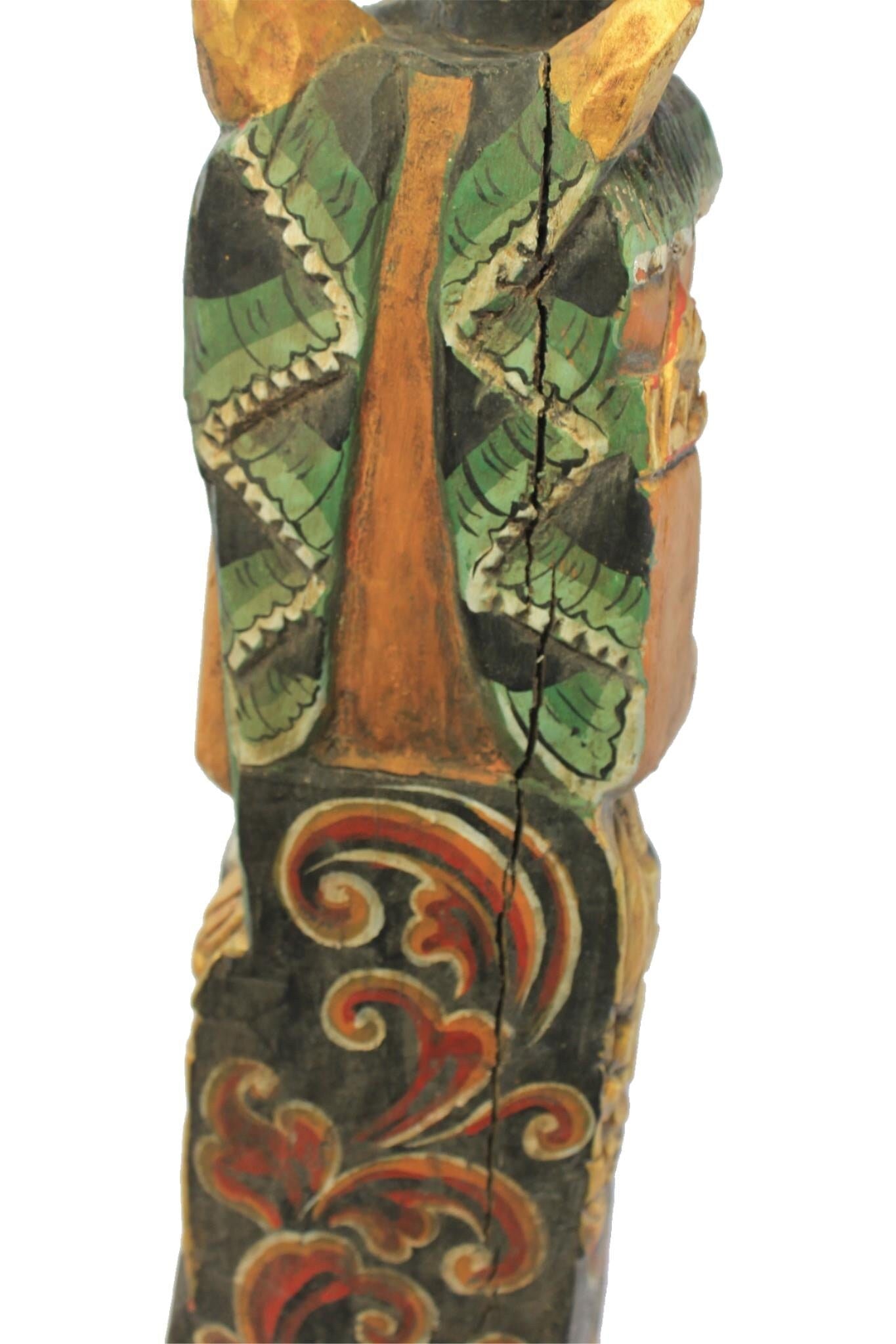 Vintage Balinese Carving  Temple Guardian Statue: Hand-Carved Polychrome Cempaka Wood Sculpture