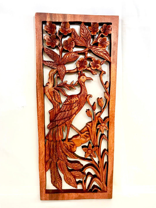 Balinese Peacock Panel Wall Art Plaque Hand Carved Wood Asian Decor - Acadia World Traders