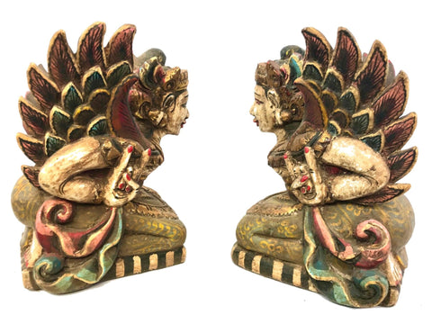 Winged Dewi Deva Goddess Balinese Pratima Temple Guardian Bidadari Statue set of 2 Carved Wood Balinese Folk Art Sculpture