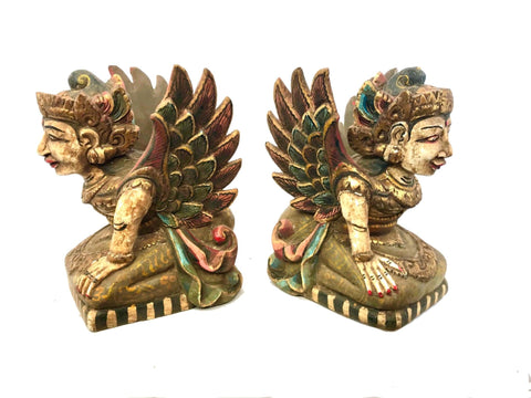 Winged Dewi Deva Goddess Balinese Pratima Temple Guardian Bidadari Statue set of 2 Carved Wood Balinese Folk Art Sculpture