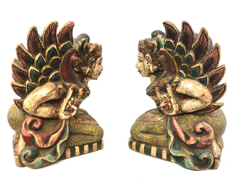 Winged Dewi Deva Goddess Balinese Pratima Temple Guardian Bidadari Statue set of 2 Carved Wood Balinese Folk Art Sculpture