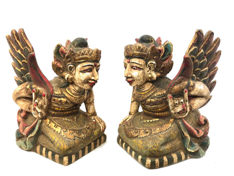 Winged Dewi Deva Goddess Balinese Pratima Temple Guardian Bidadari Statue set of 2 Carved Wood Balinese Folk Art Sculpture