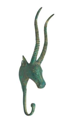 Antelope Wall HOOK Bronze metal Impala peg coat hook hanger farmhouse wildlife decor lost wax cast Green Teal Bali Art