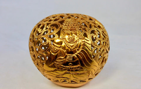 Meditating Buddha & Naga Hand Carved coconut shell Gilded Gold Balinese Folk Art