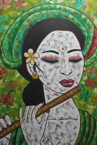 Balinese Women Playing Flute Painting Acrylic on Canvas