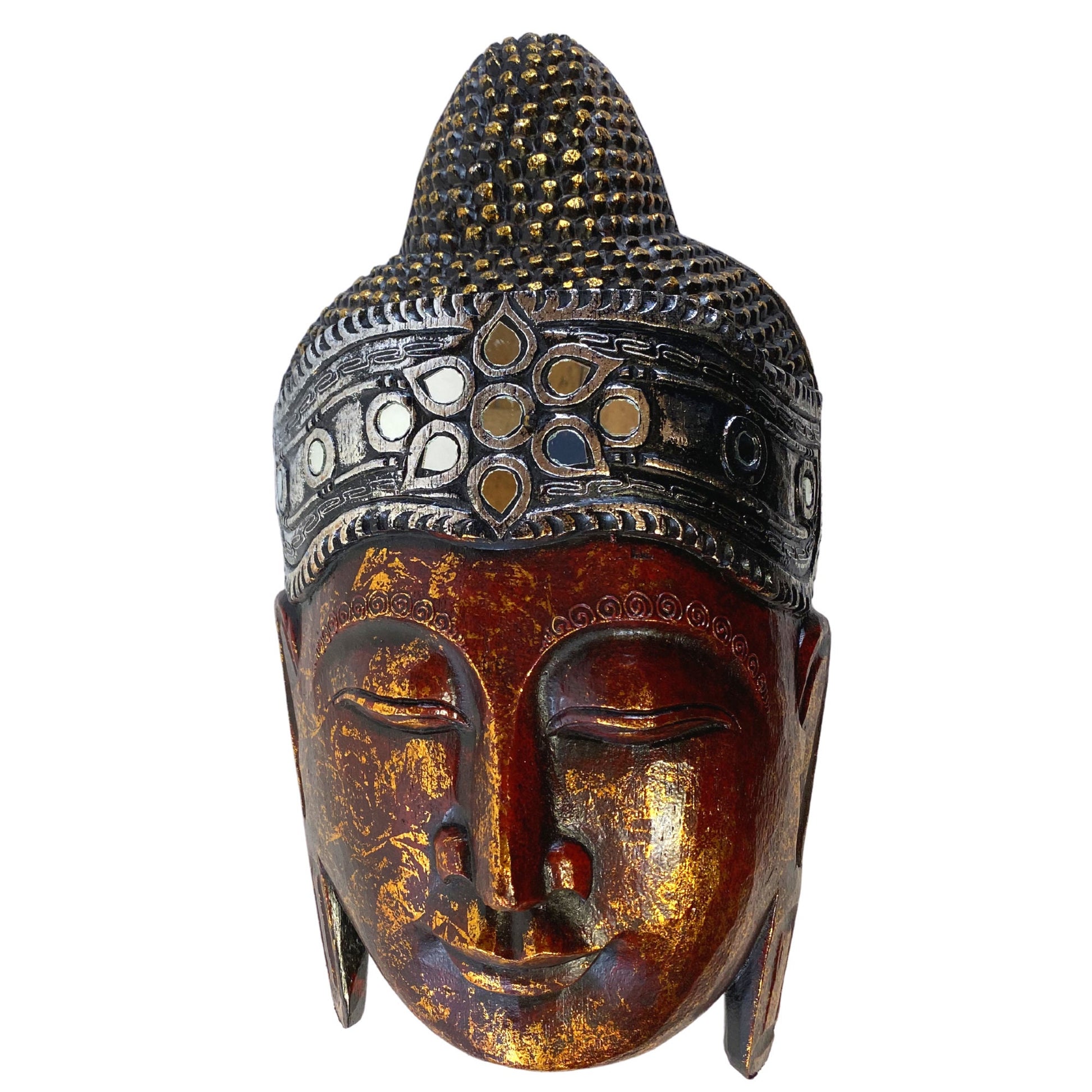 Sublime Buddha Mask Wooden Hand Carved Wall Sculpture Wood Carving Balinese Folk art Handmade Red Asian Boho Eclectic Decor - Acadia World Traders