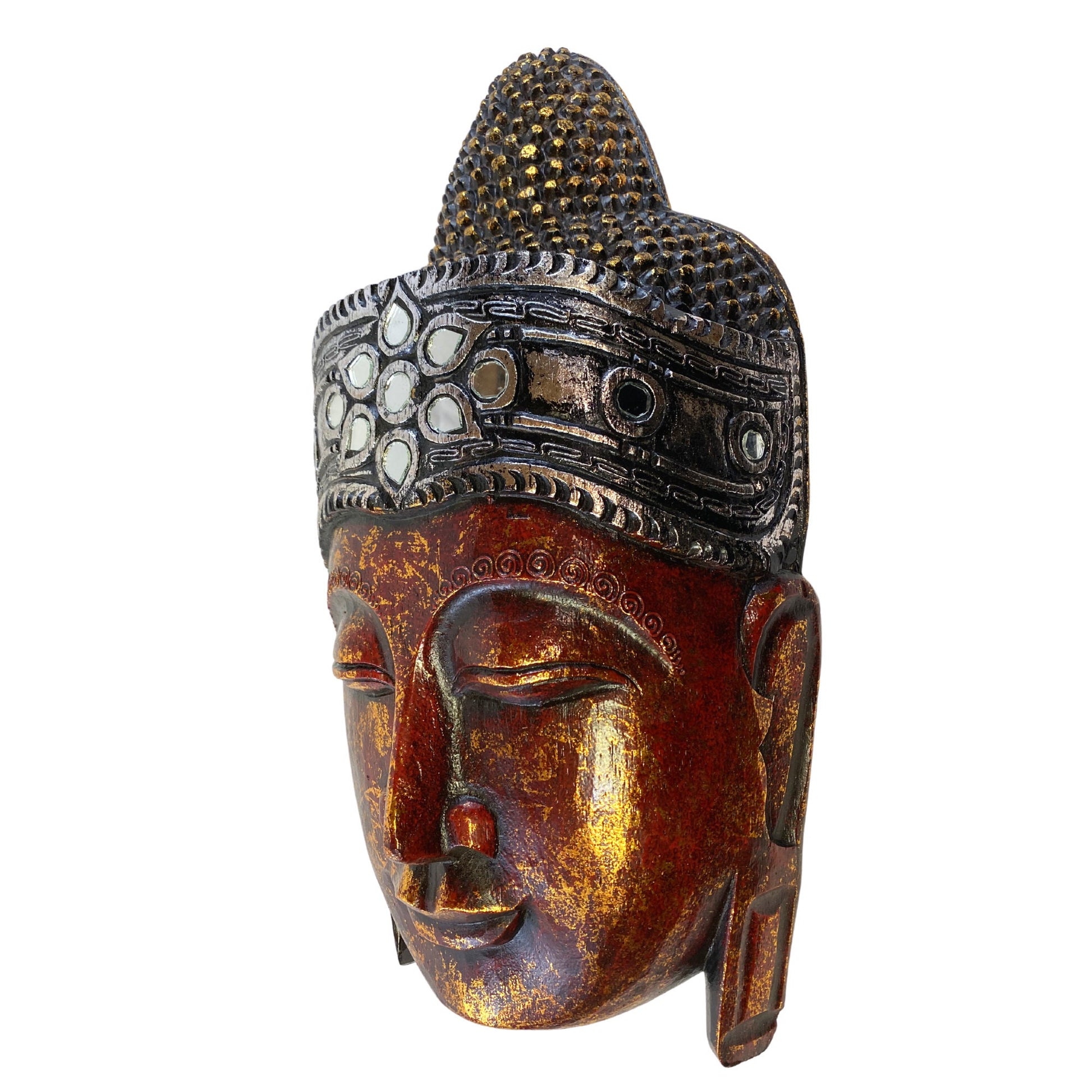 Sublime Buddha Mask Wooden Hand Carved Wall Sculpture Wood Carving Balinese Folk art Handmade Red Asian Boho Eclectic Decor - Acadia World Traders