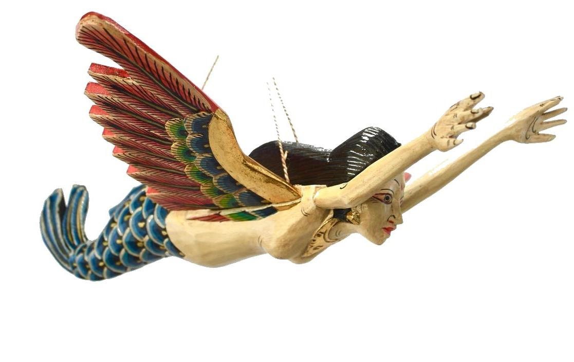 Flying Mermaid Goddess Mobile Demon Chaser Guardian Carved Balinese art Teal