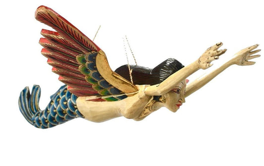 Flying Mermaid Goddess Mobile Demon Chaser Guardian Carved Balinese art Teal