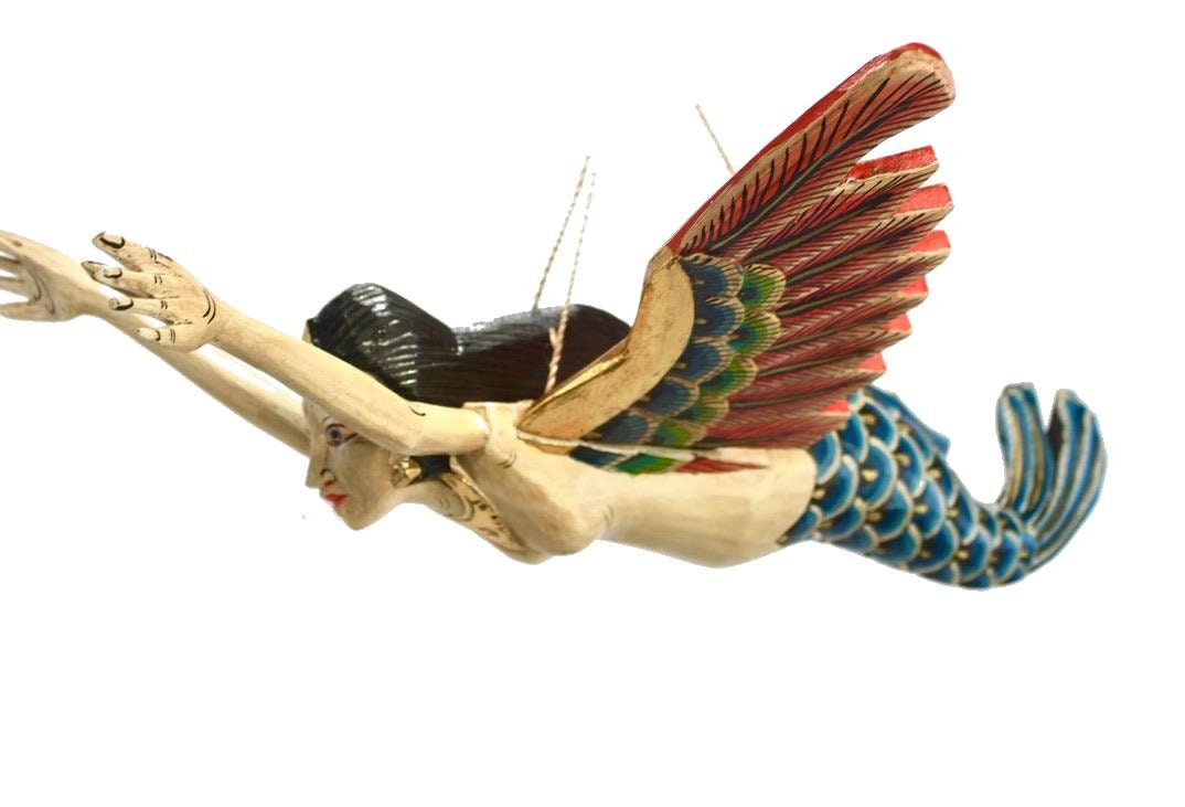Flying Mermaid Goddess Mobile Demon Chaser Guardian Carved Balinese art Teal