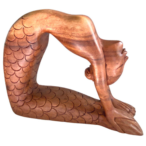 Yoga Mermaid Statue Figurine Ustrasana Pose Hand Made Carved Wood Balinese Art