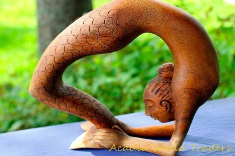 Yoga Mermaid Statue figurine Kapotasana Pose Bali Hand Carved Wood Balinese Art - Acadia World Traders