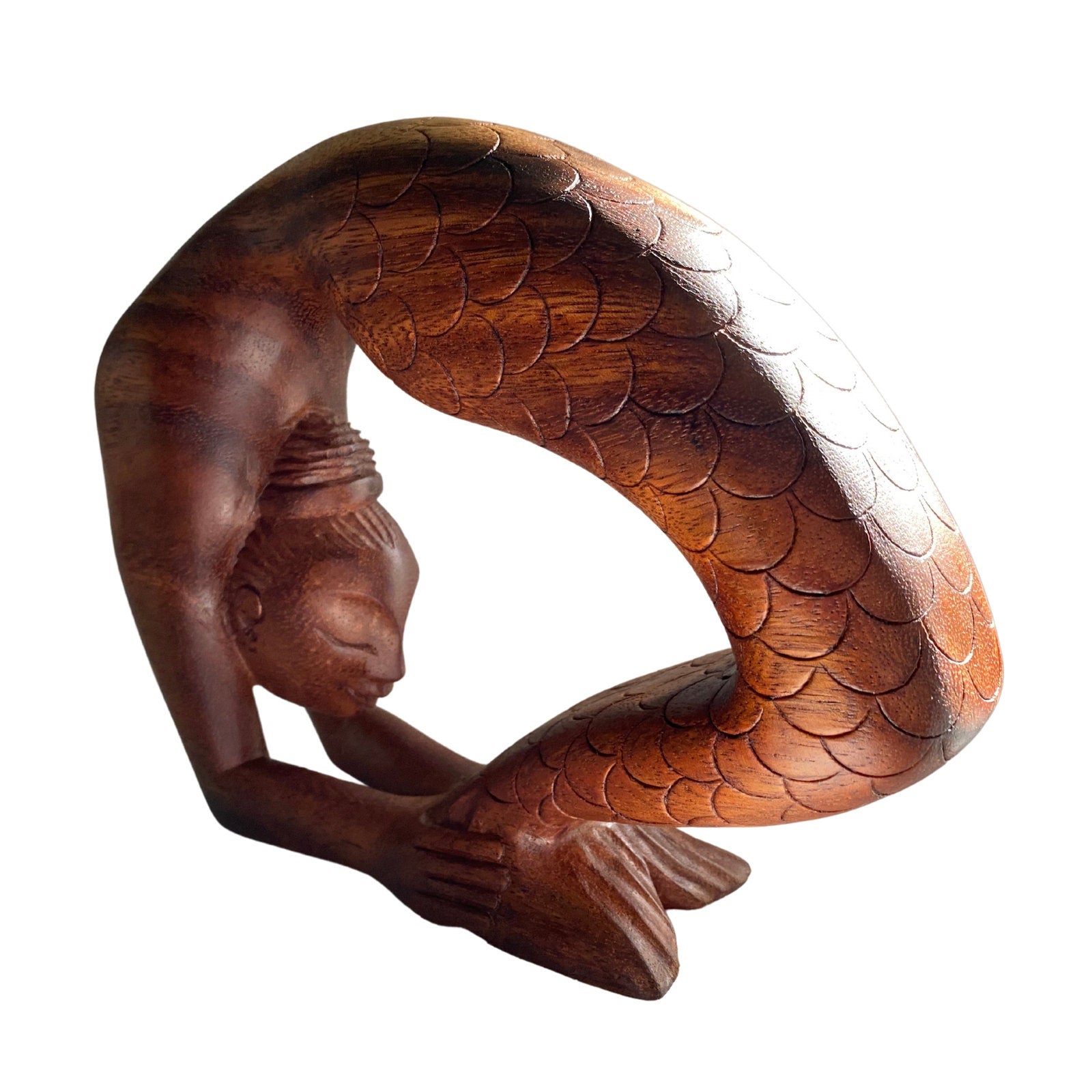 Yoga Mermaid Statue figurine Kapotasana Pose Bali Hand Carved Wood Balinese Art - Acadia World Traders