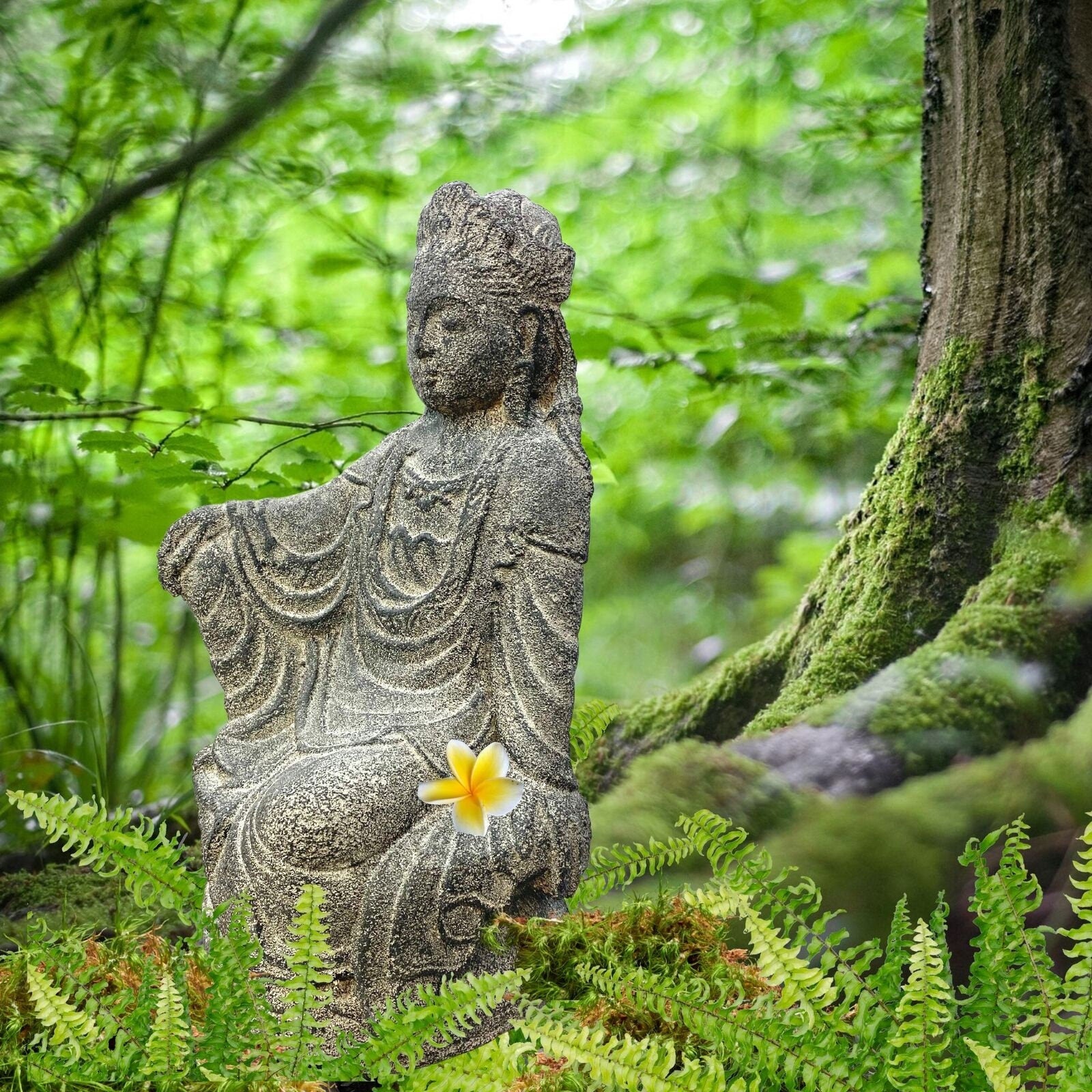 Guanyin Quan yin Kwan Yin Buddhist Goddess Garden Statue Sculpture Bodhisattva Compassion Buddha Goddess Bali art cast lave stone - Acadia World Traders