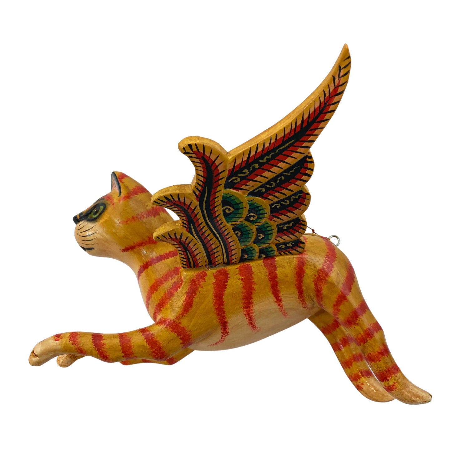 Winged Cat Orange Tiger Striped Ginger kitty MOBILE Spiritchaser cradle guardian demon chaser hand carved wood carving Balinse Folk Art - Acadia World Traders