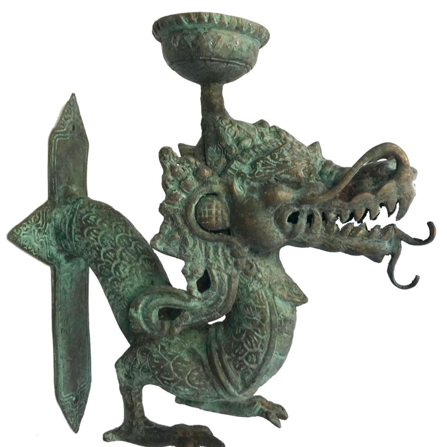 Vintage Bronze Dragon Wall Sconce: Balinese Lost Wax Cast Metal Candlestick