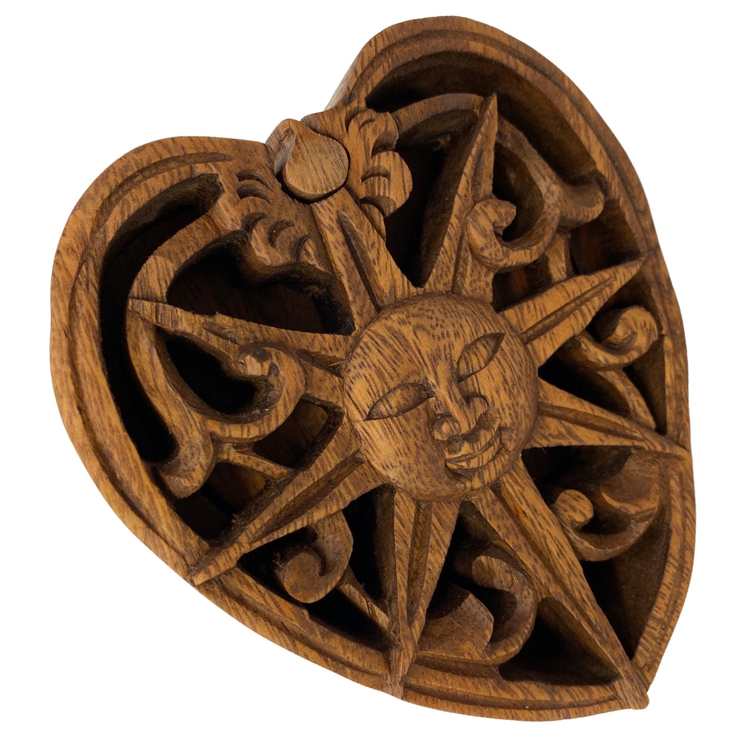 Celestial Sun Sunheart Sunburst Heart Smiling Sun Secret puzzle Box Stash Jewelry gift Box Trinket Box Hand carved suar wood Bali Art