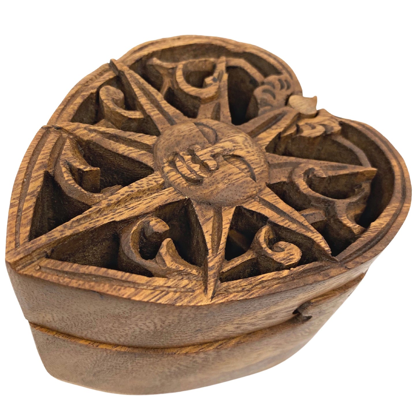 Celestial Sun Sunheart Sunburst Heart Smiling Sun Secret puzzle Box Stash Jewelry gift Box Trinket Box Hand carved suar wood Bali Art