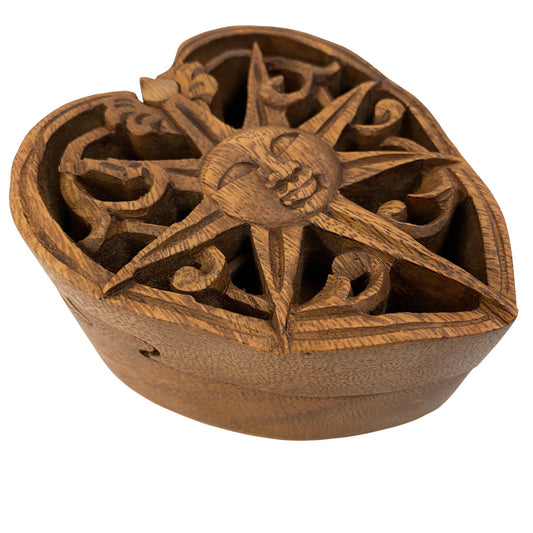 Celestial Sun Sunheart Sunburst Heart Smiling Sun Secret puzzle Box Stash Jewelry gift Box Trinket Box Hand carved suar wood Bali Art