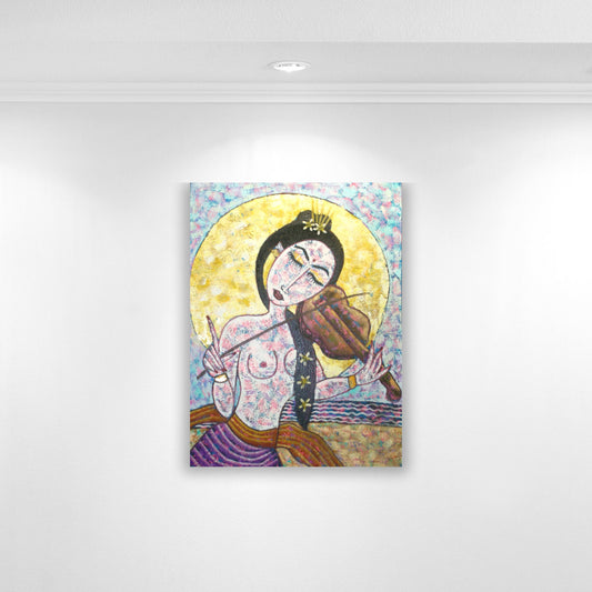 Balinese Nude Lady Lunar Moon Goddess Playing Violin Fiddle Wall Bali Art Painting Acrylic on canvas