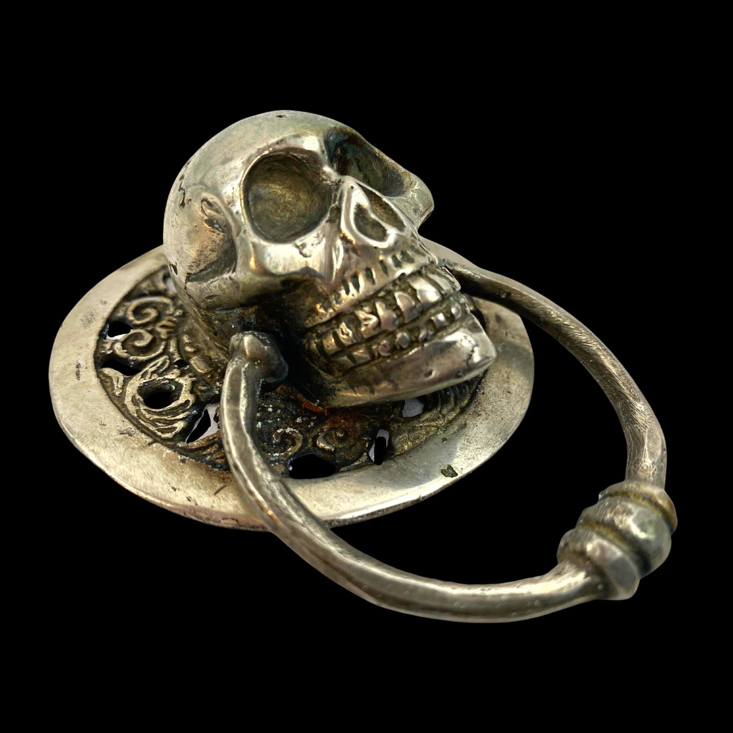 Silvered Bronze Gothic Skull Door Knocker: Lost Wax Cast Metal Cabinet Pull, Handle