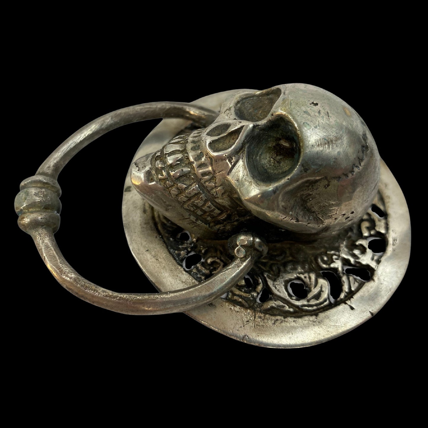 Silvered Bronze Gothic Skull Door Knocker: Lost Wax Cast Metal Cabinet Pull, Handle