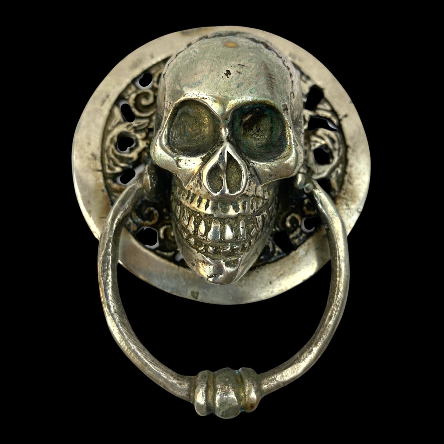 Silvered Bronze Gothic Skull Door Knocker: Lost Wax Cast Metal Cabinet Pull, Handle