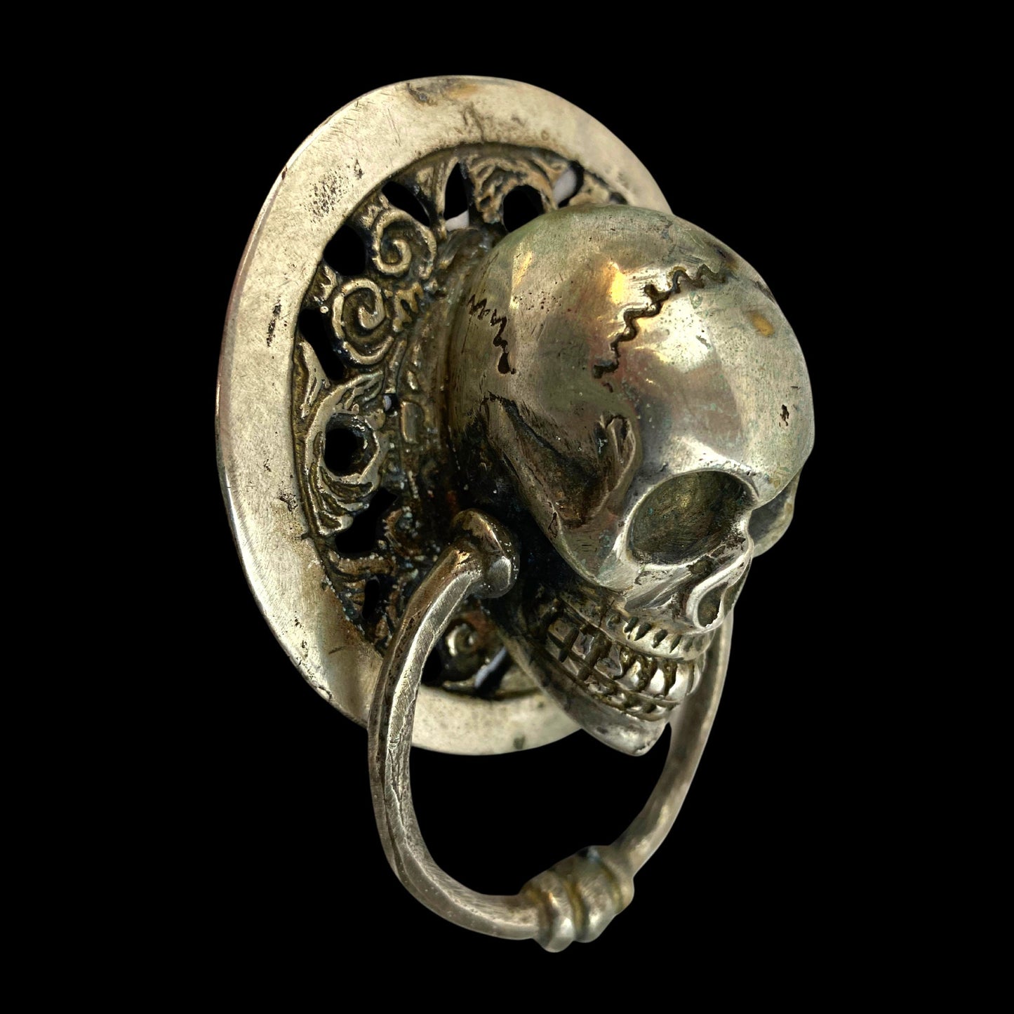 Silvered Bronze Gothic Skull Door Knocker: Lost Wax Cast Metal Cabinet Pull, Handle