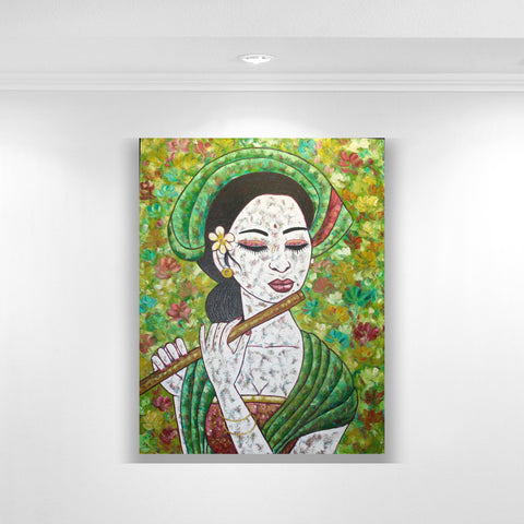 Balinese Women Playing Flute Painting Acrylic on Canvas