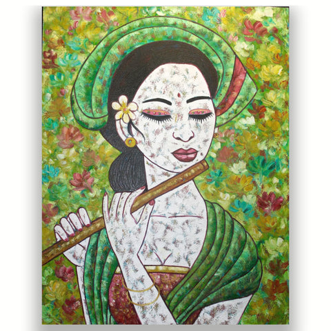 Balinese Women Playing Flute Painting Acrylic on Canvas