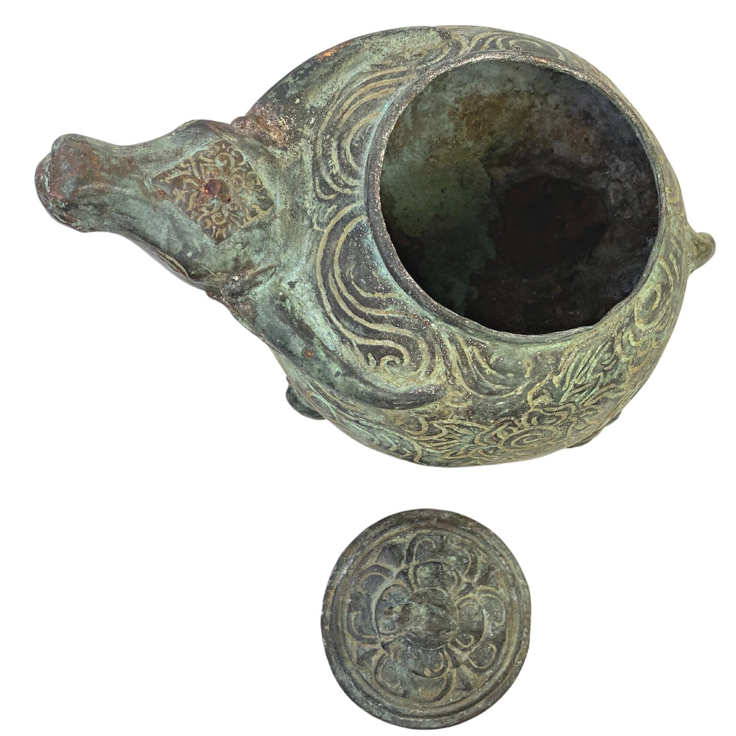 Tribal Water Buffalo Bull Betel Nut Lime Medicine Container Vessel Stash Box Vintage Sumatran Verdigris Bronze Metal Indonesian Folk Art