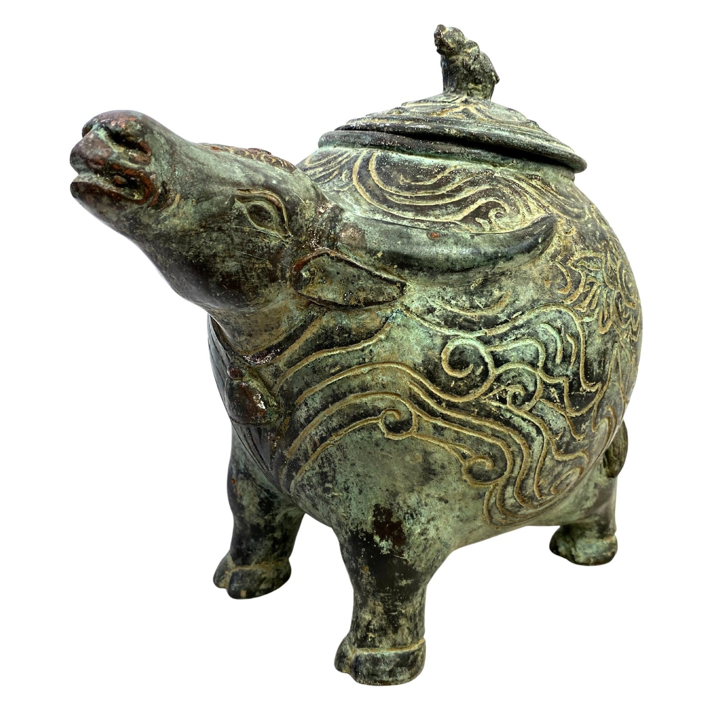 Tribal Water Buffalo Bull Betel Nut Lime Medicine Container Vessel Stash Box Vintage Sumatran Verdigris Bronze Metal Indonesian Folk Art