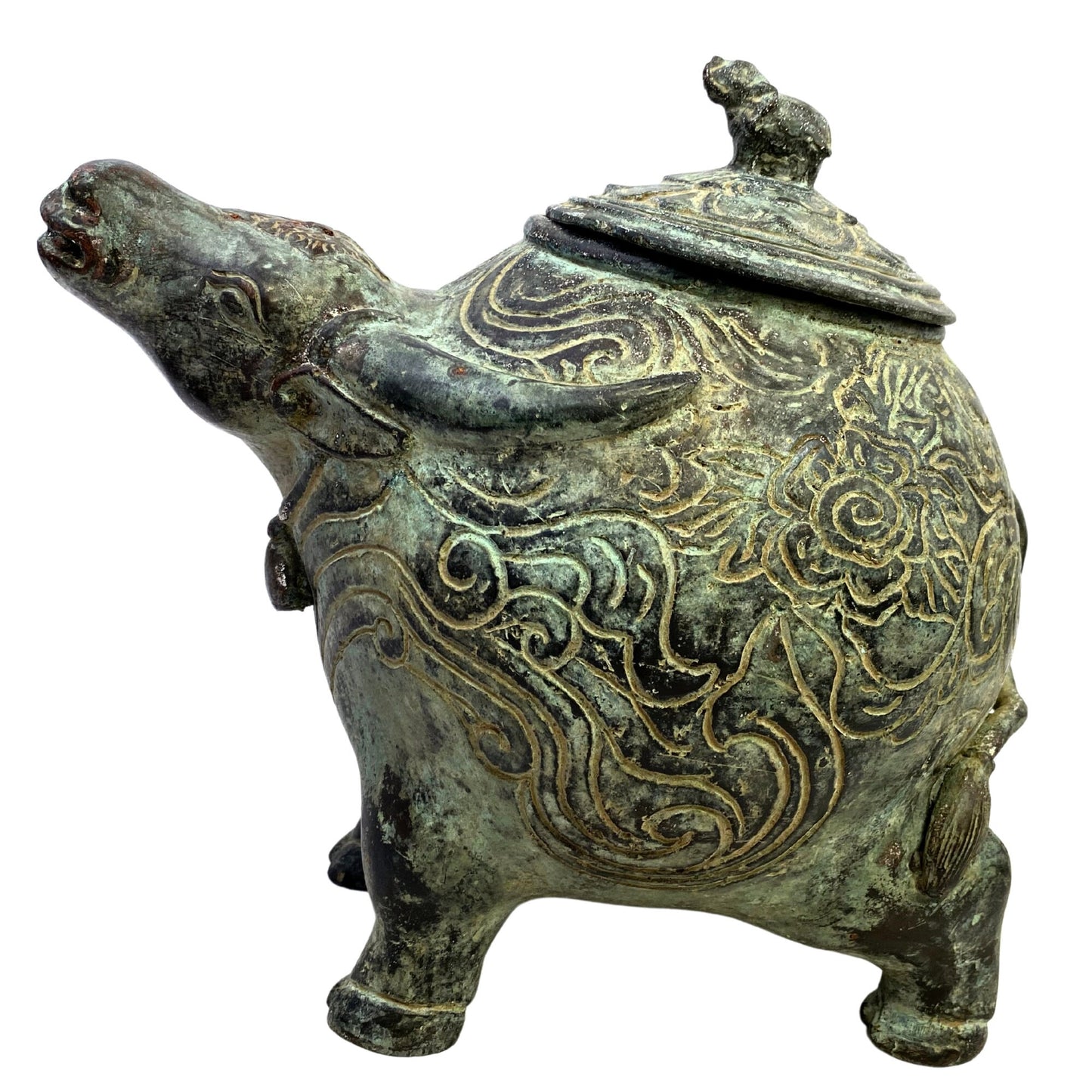 Tribal Water Buffalo Bull Betel Nut Lime Medicine Container Vessel Stash Box Vintage Sumatran Verdigris Bronze Metal Indonesian Folk Art