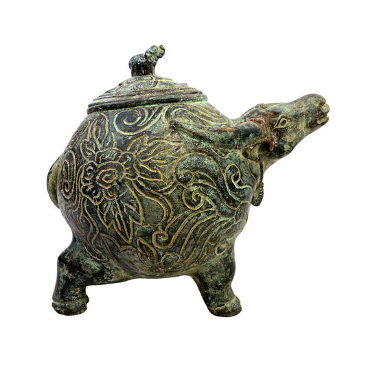 Tribal Water Buffalo Bull Betel Nut Lime Medicine Container Vessel Stash Box Vintage Sumatran Verdigris Bronze Metal Indonesian Folk Art