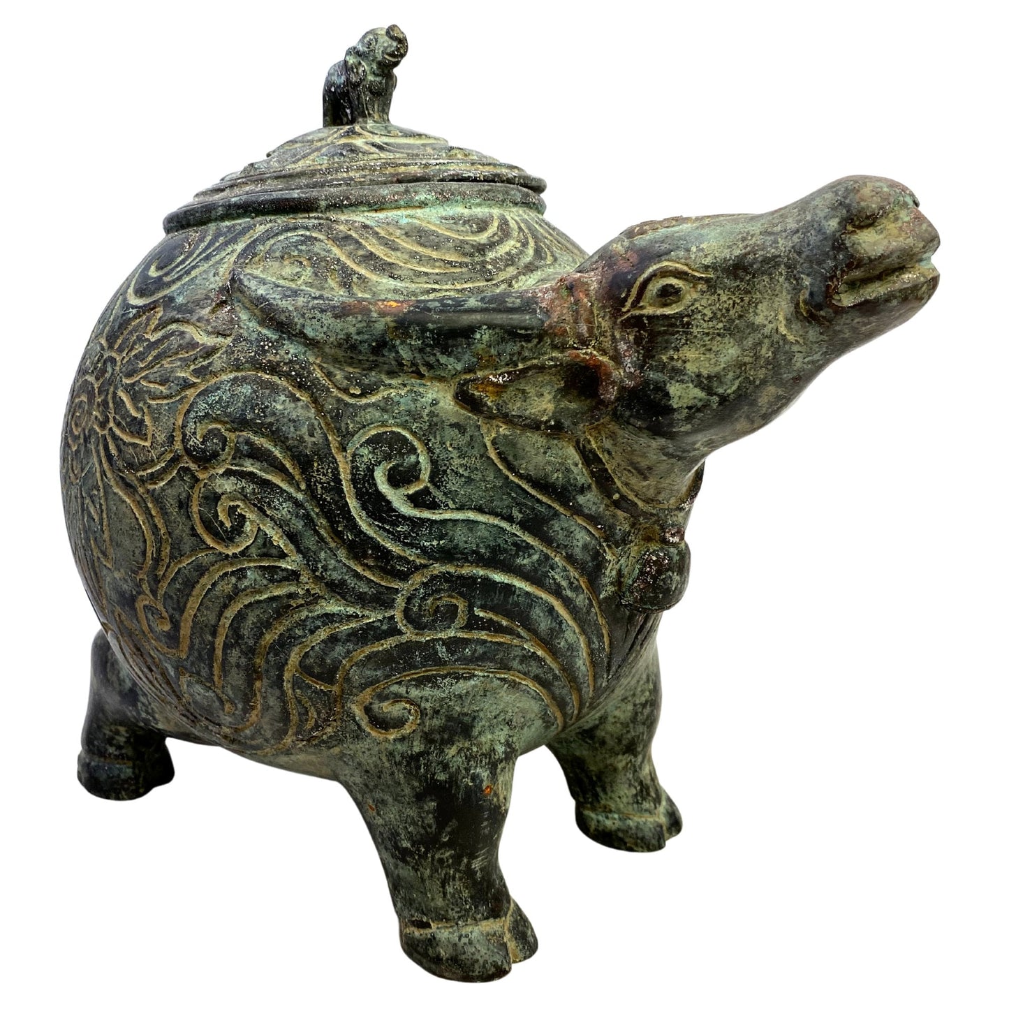 Tribal Water Buffalo Bull Betel Nut Lime Medicine Container Vessel Stash Box Vintage Sumatran Verdigris Bronze Metal Indonesian Folk Art