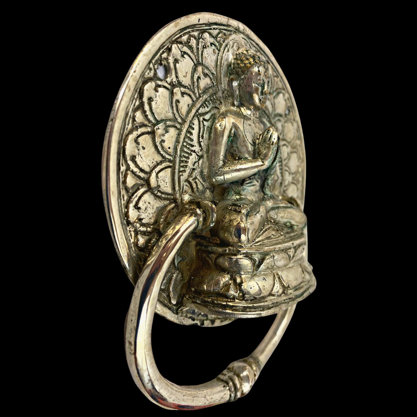Buddha Lotus Pose Door Knocker Handle knob Door Pull Cast Silvered Bronze Namaskar Balinese Art