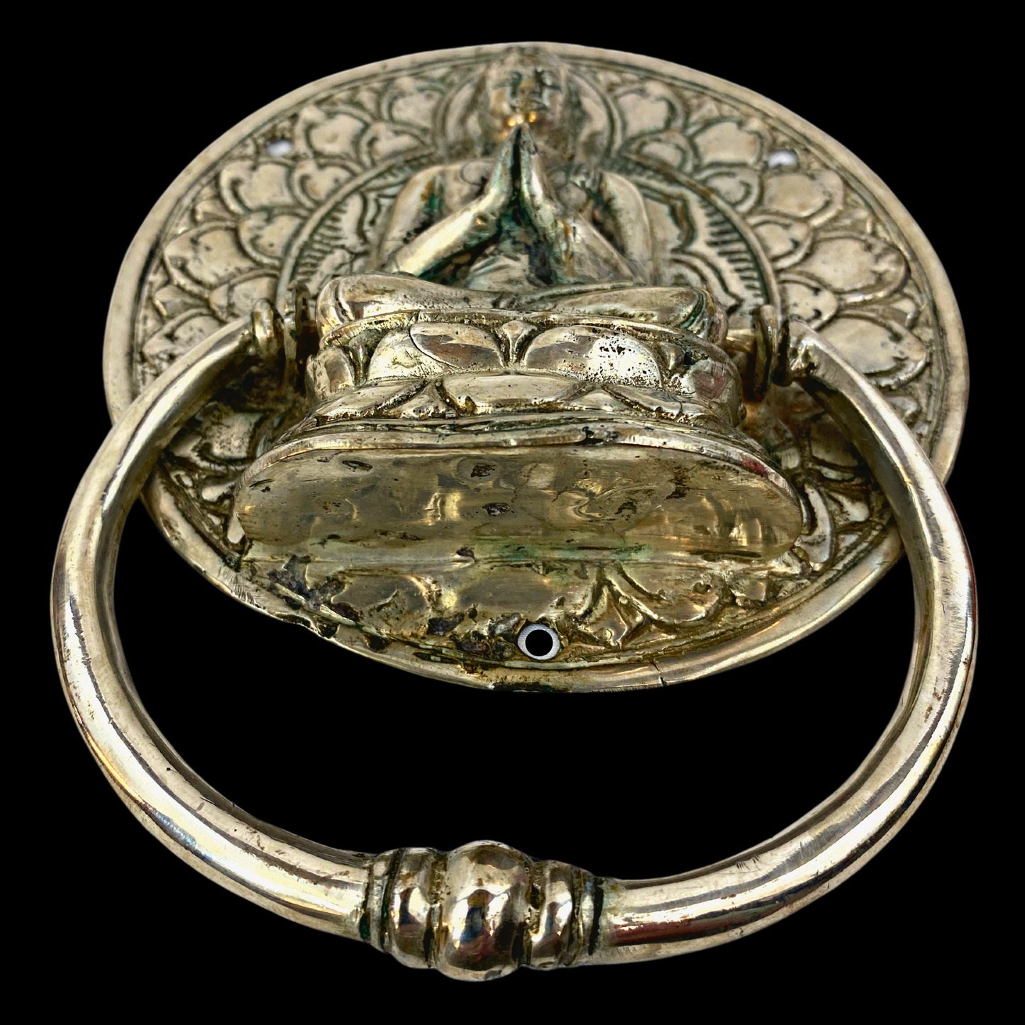 Buddha Lotus Pose Door Knocker Handle knob Door Pull Cast Silvered Bronze Namaskar Balinese Art