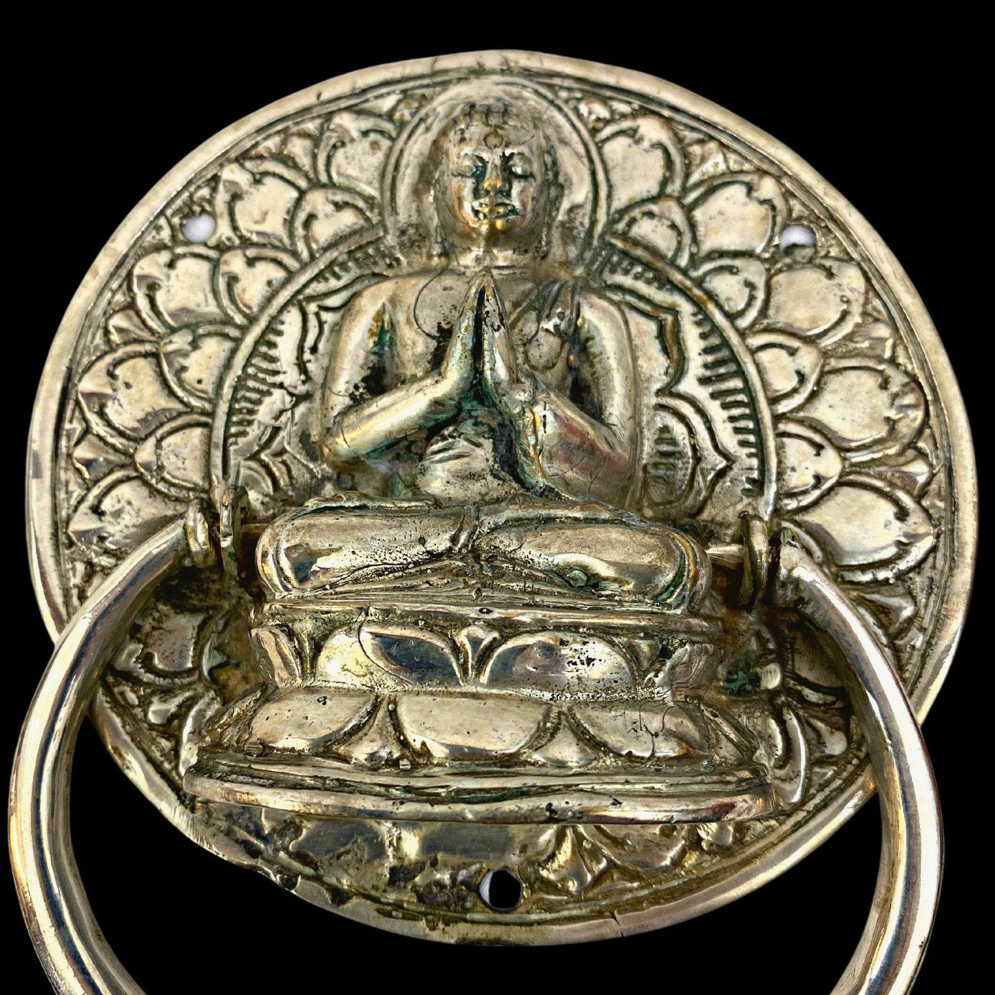 Buddha Lotus Pose Door Knocker Handle knob Door Pull Cast Silvered Bronze Namaskar Balinese Art