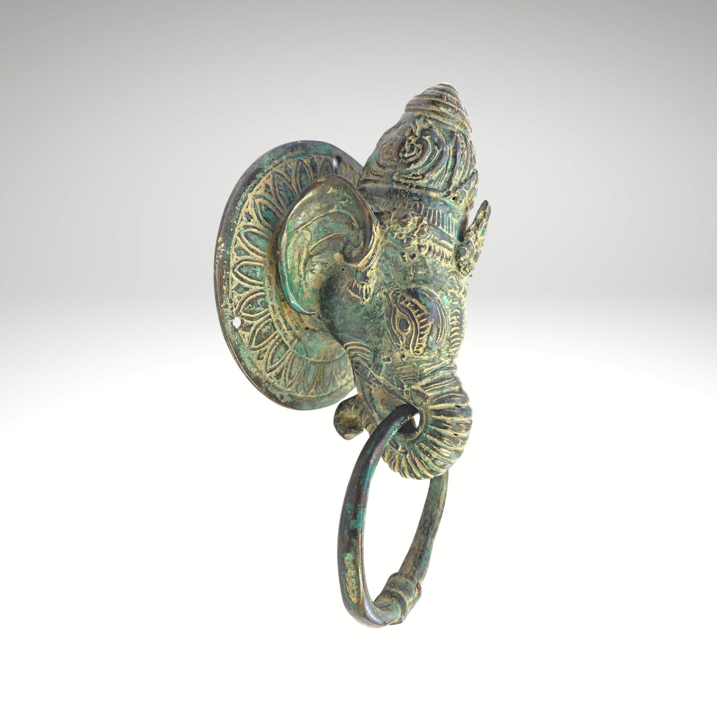 Vintage Bronze Ganesha Door Knocker: Verdigris Metal Door Pull Balinese Art