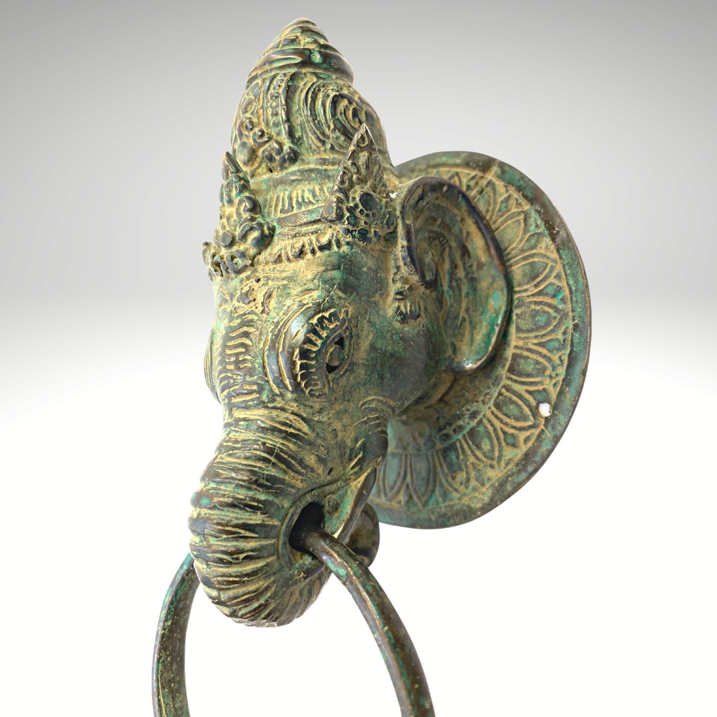 Vintage Bronze Ganesha Door Knocker: Verdigris Metal Door Pull Balinese Art