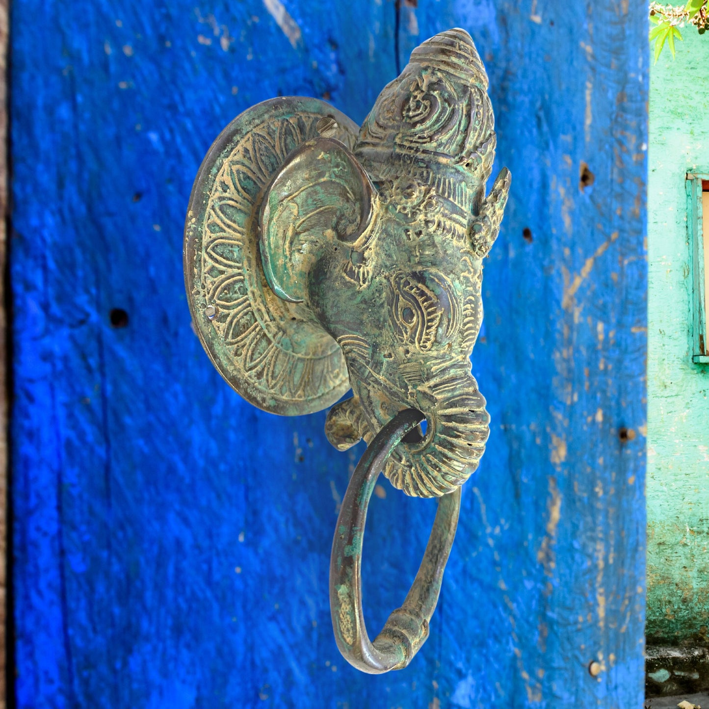 Vintage Bronze Ganesha Door Knocker: Verdigris Metal Door Pull Balinese Art