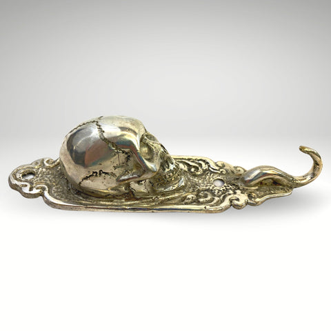 Gothic Human Skull Replica Skeleton Wall Coat Hook Key Towel Hook Handmade silver overlay Bronze Metal Cast Bali Art