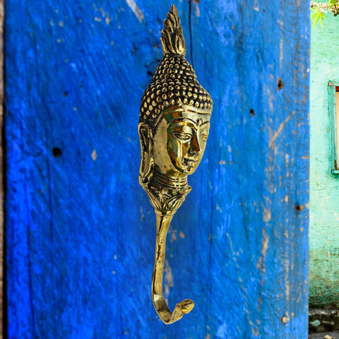 Enlightened Buddha Bust Head Wall Coat Hook Wall Hook Handmade Gold Bronze Cast Boho Asian Decor Balinese Art