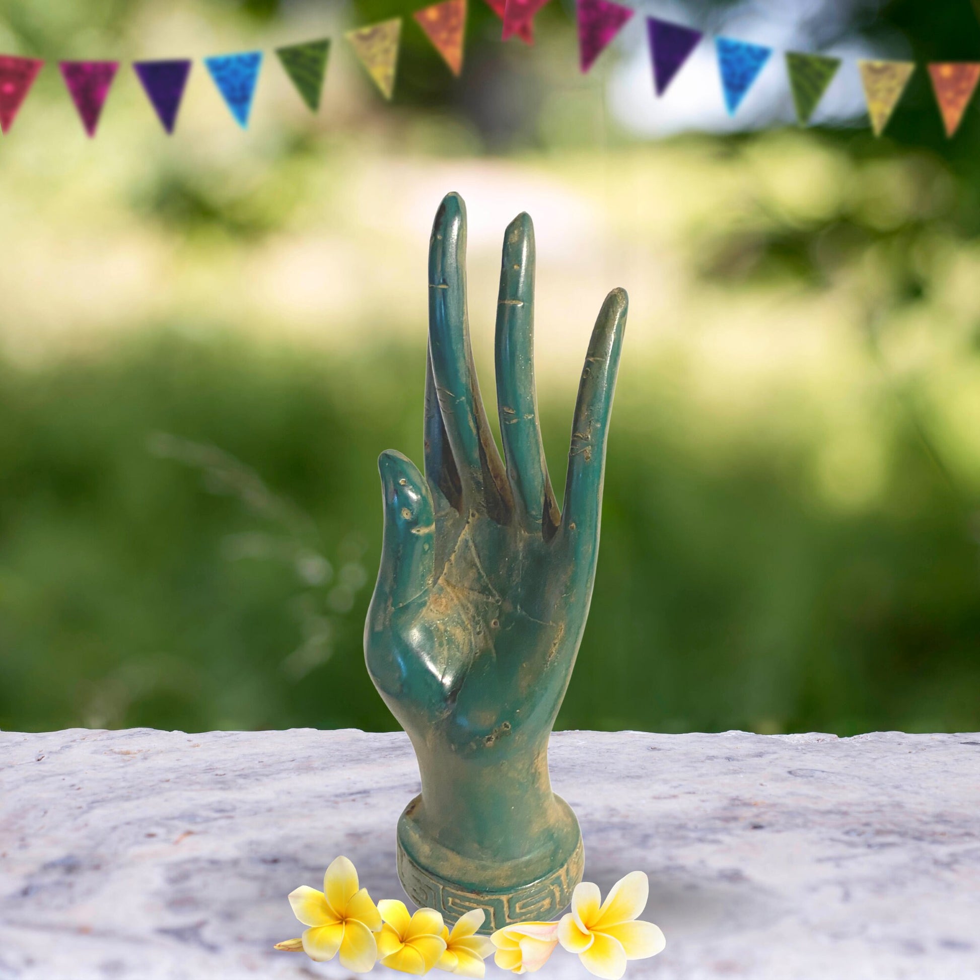 Buddha Abhaya Mudra Hand Sculpture Statue Verdigris Bronze Metal Positive Energy Balinese Art - Acadia World Traders